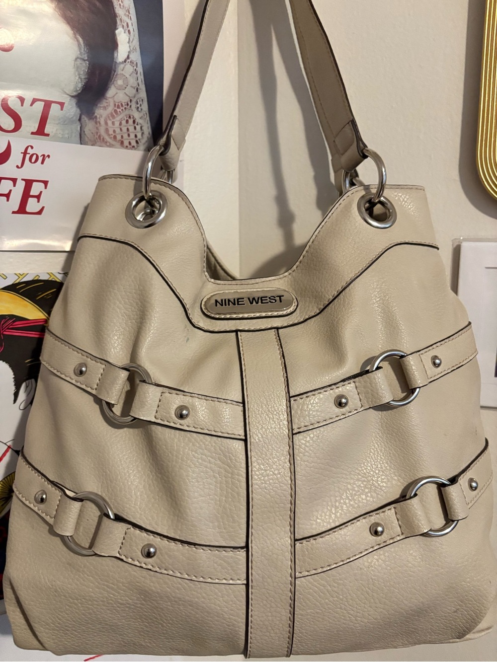 Nine West Beige Pebbled Leather Shoulder Tote